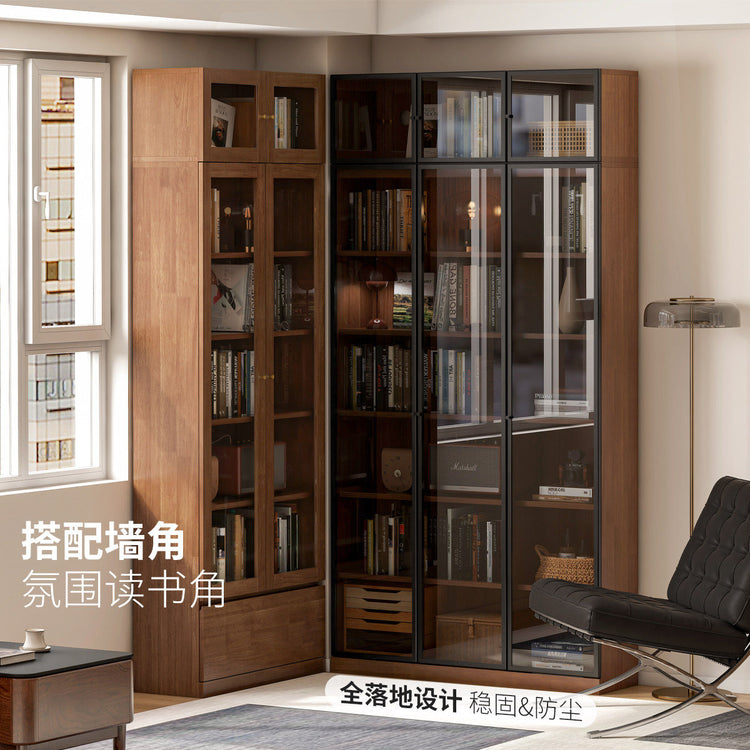 实木书柜胡桃色玻璃展示柜书房落地防尘柜靠墙储物柜