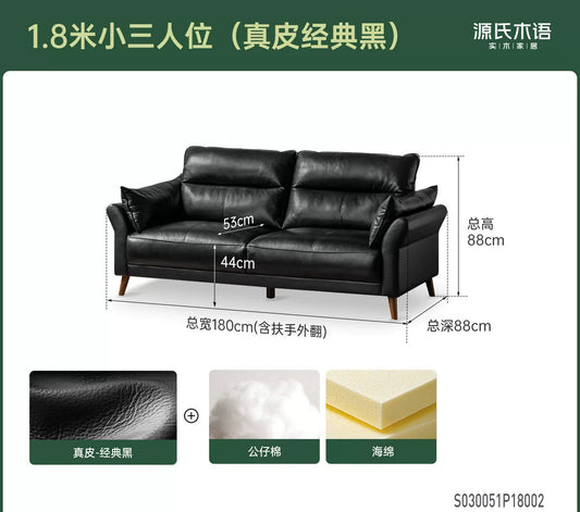 真皮沙发客厅意式轻奢直排小户型黑色双人位沙发