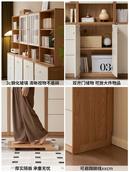 实木组合书柜原木奶油风靠墙储物收纳柜橡木落地书架