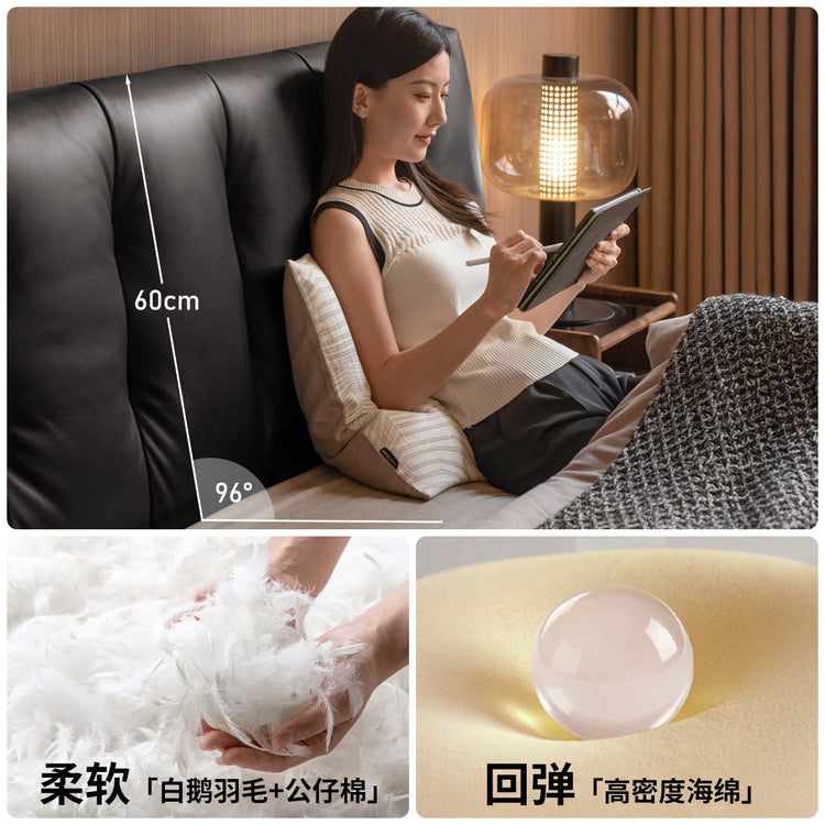实木床意式轻奢软包床卧室黑色真皮床黑胡桃木双人床