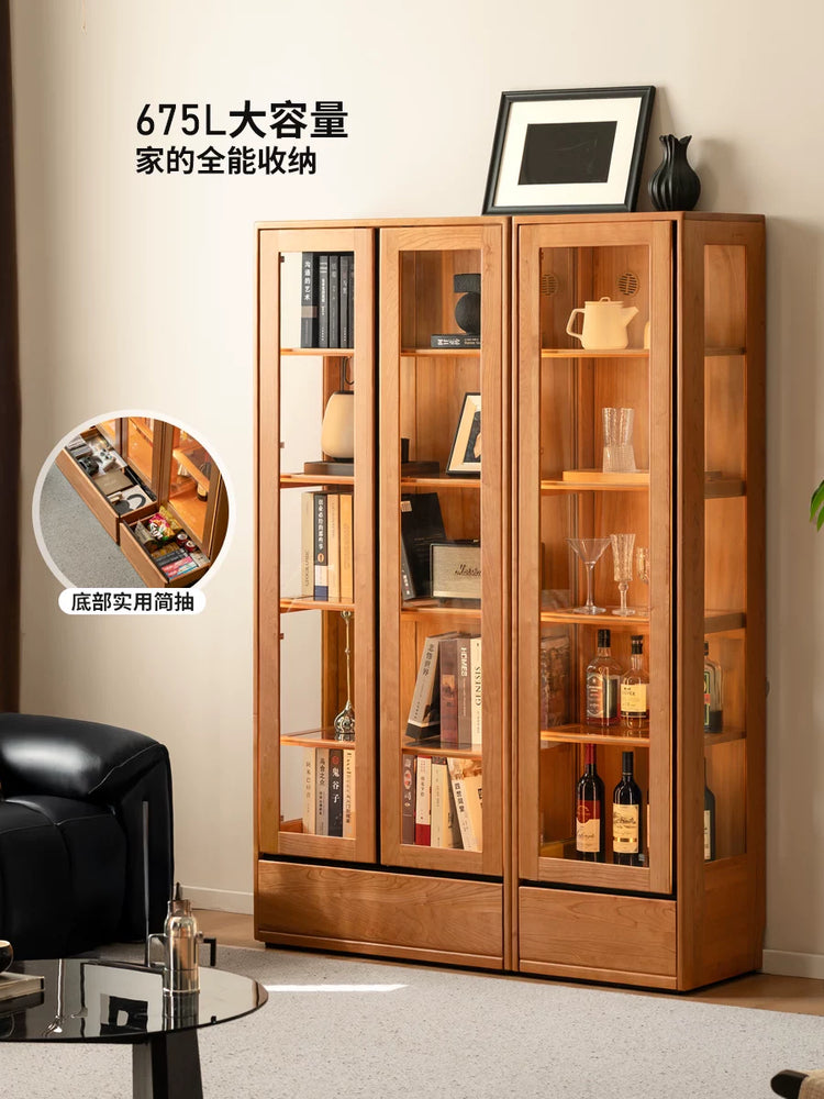 实木书柜书房樱桃木展示柜玻璃收纳柜置物柜落地书橱