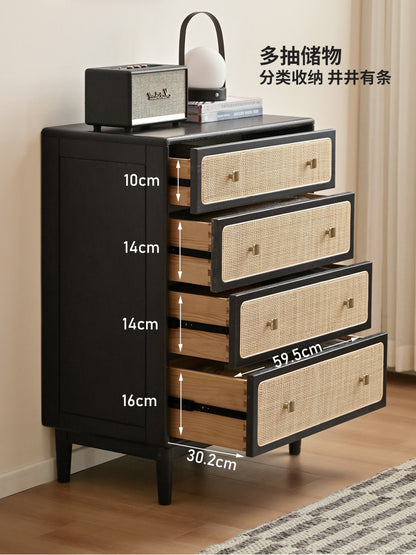 实木斗柜现代简约橡木收纳柜卧室黑色四边柜藤编储物柜