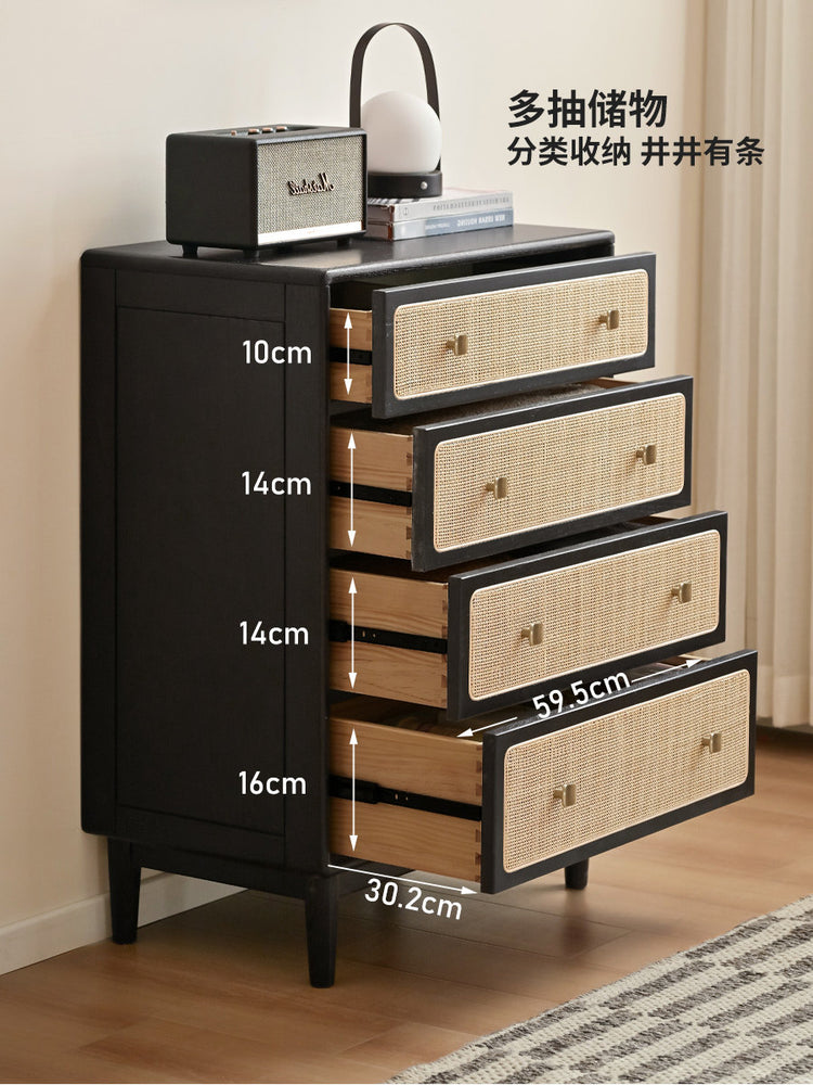 实木斗柜现代简约橡木收纳柜卧室黑色四边柜藤编储物柜