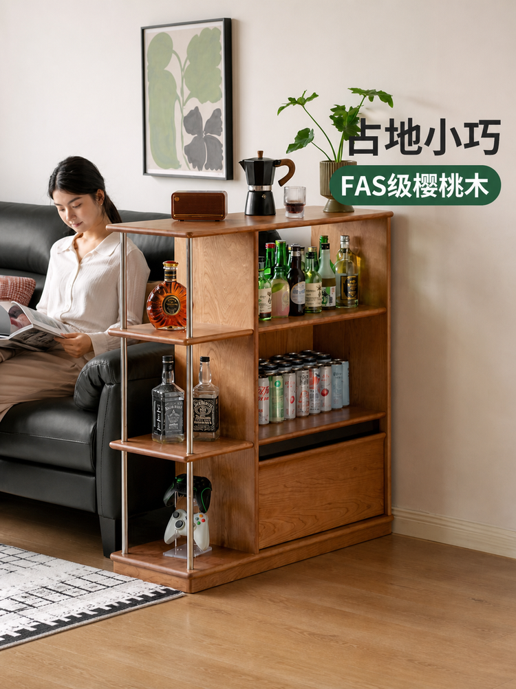 实木书柜小户型复古隔断柜樱桃木书架展示柜客厅边柜