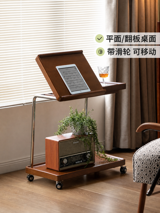 实木边几客厅中古风侧边桌床头移动小角几复古小推车