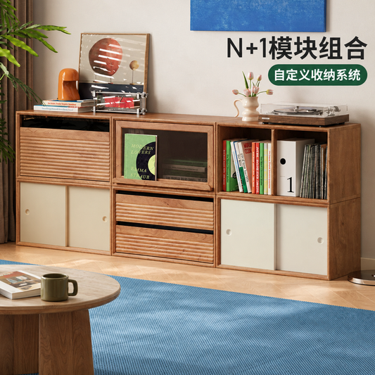 实木电视柜中古风落地收纳储物柜一体客厅樱桃木组合地柜