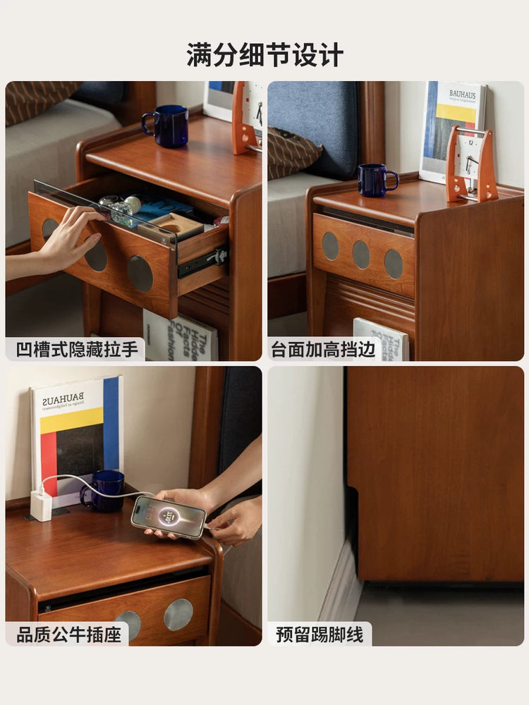 可移动实木床头柜中古风两抽置物柜卧室带插座收纳储物柜