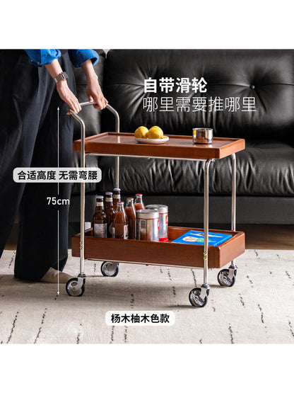 实木边几客厅中古风双层收纳小茶几小户型移动小推车