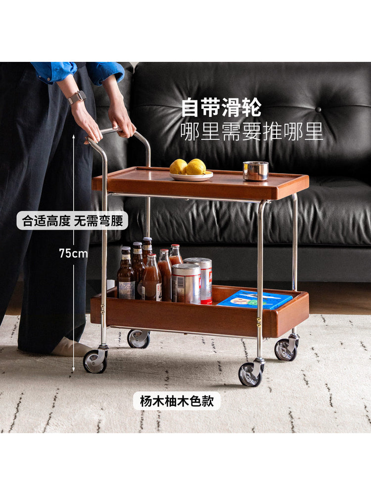 实木边几客厅中古风双层收纳小茶几小户型移动小推车