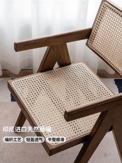 实木餐椅黑胡桃木扶手椅餐厅侘寂风藤编椅靠背椅子