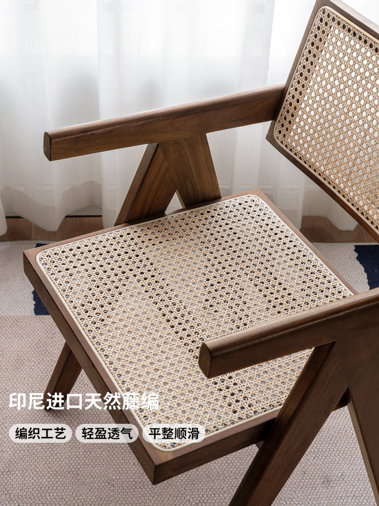 实木餐椅黑胡桃木扶手椅餐厅侘寂风藤编椅靠背椅子