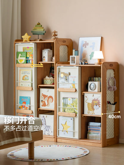 实木儿童书柜移门绘本架玩具收纳柜落地多功能储物柜