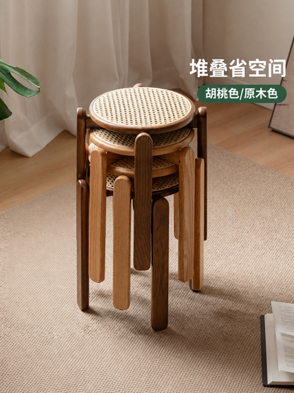 实木圆凳餐厅复古藤编小户型堆叠凳胡桃色小凳子