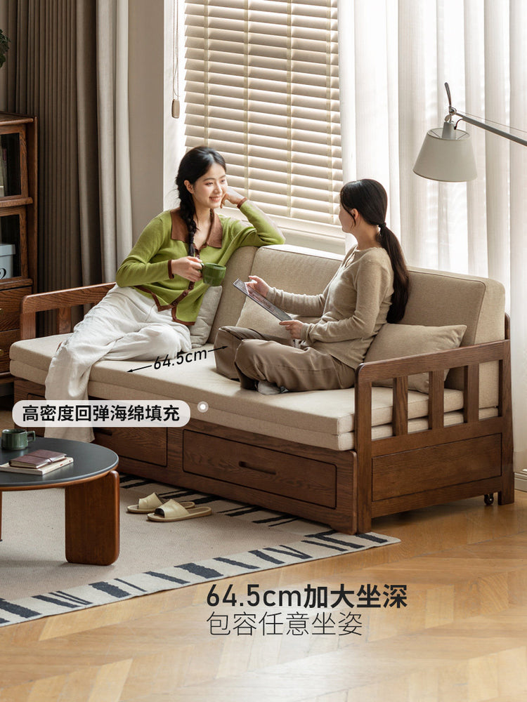 实木沙发床折叠两用客厅坐卧伸缩床橡木胡桃色储物沙发