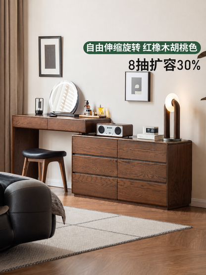 实木化妆桌卧室橡木斗柜梳妆台一体简约复古风伸缩化妆台