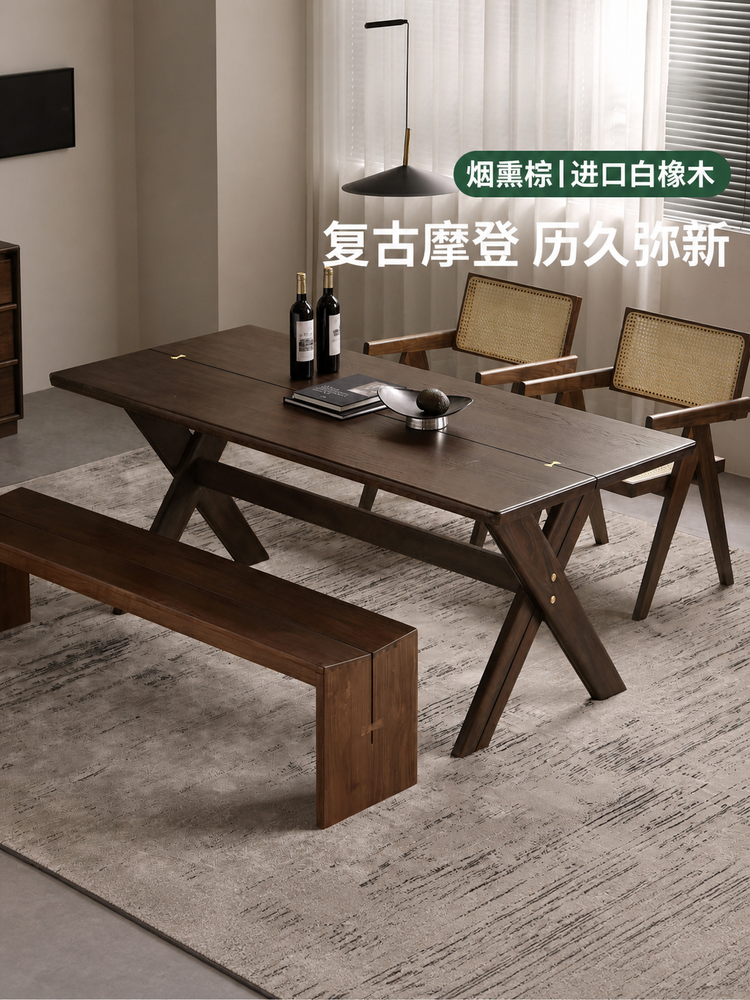 实木餐桌餐厅复古长方形工作台白橡木洽谈桌吃饭桌子