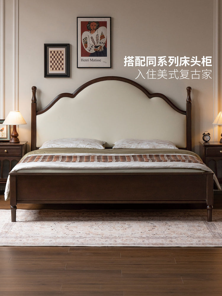实木床简约中古大板床美式复古软靠床卧室深胡桃色双人床