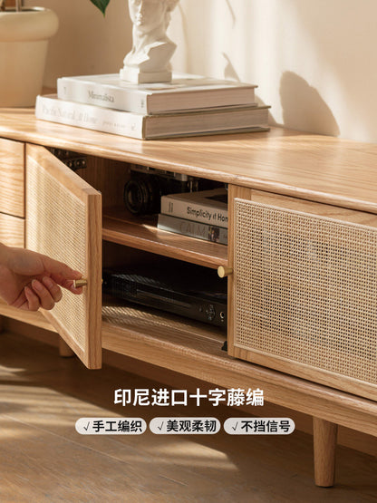 实木电视柜日式小户型橡木储物柜简约客厅原木藤编地柜