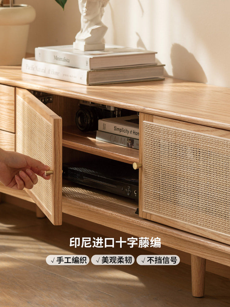 实木电视柜日式小户型橡木储物柜简约客厅原木藤编地柜