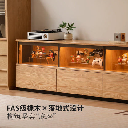 实木加高双层电视柜客厅简约收纳柜落地橡木手办展示柜