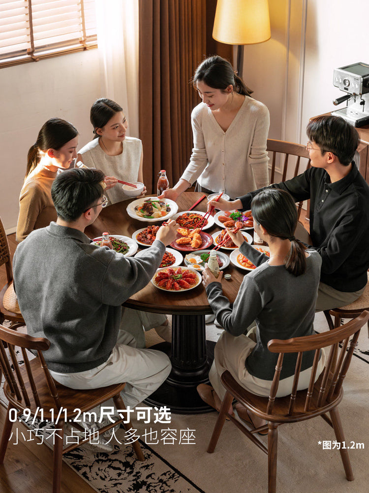 实木餐桌美式复古圆桌餐厅小户型黑胡桃木饭桌餐桌椅组合