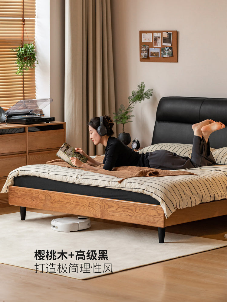 实木床中古樱桃木黑色双人床轻奢真皮软包悬浮床卧室家具