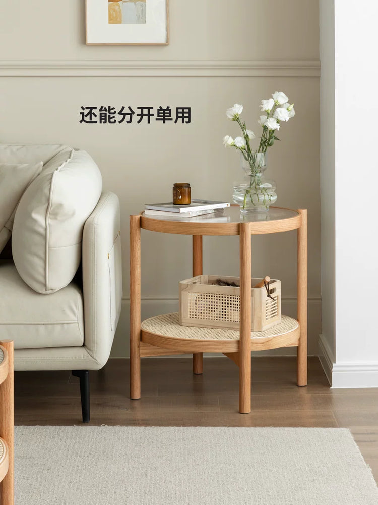藤编玻璃茶几小户型客厅沙发边几现代简约双层实木小茶桌