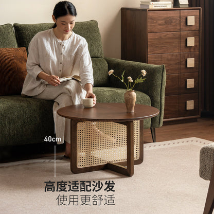 实木茶几客厅现代简约藤编圆几圆形茶台黑胡桃木茶桌
