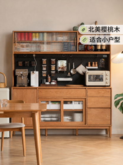实木餐边柜靠墙一体餐厅中古风樱桃木储物柜茶水柜