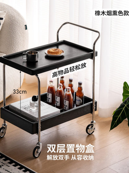 实木边几客厅中古风双层收纳小茶几小户型移动小推车