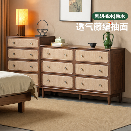 Solid wood chest of drawers, Song-style aesthetics, black walnut sideboard, bedroom, new Chinese style rattan storage cabinet