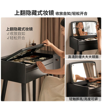 实木化妆桌现代简约书桌黑色复古梳妆台卧室翻盖收纳桌子