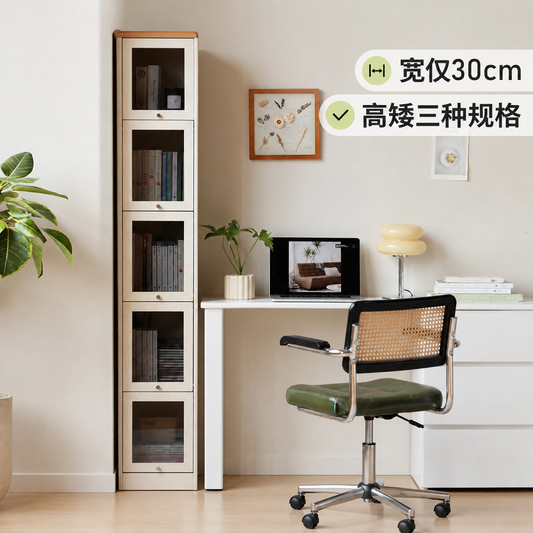 实木翻门书柜小户型落地白色奶油风夹缝收纳柜置物架窄柜