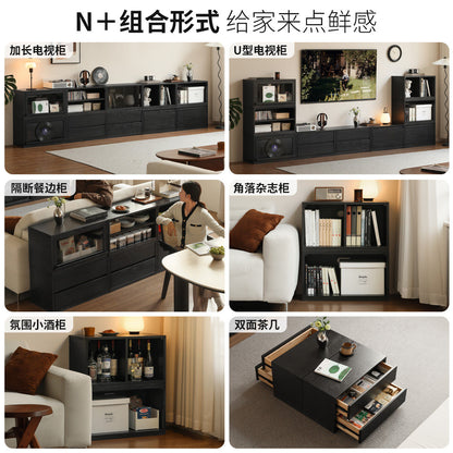 现代简约客厅纯实木电视收纳储物柜黑色橡木模块组合书柜