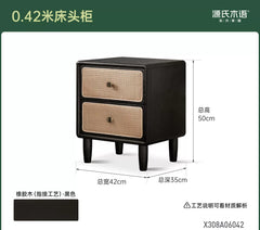 实木床头柜复古黑色储物柜卧室藤编置物柜小收纳柜