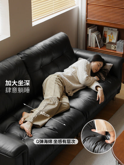 真皮沙发客厅轻奢黑色半青皮直排中古风沙发