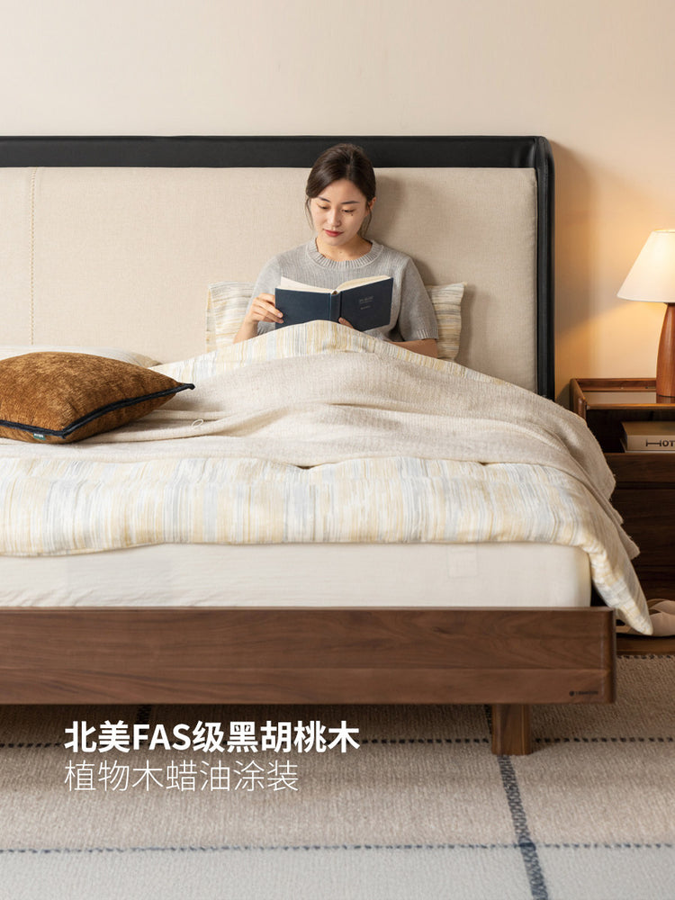 实木床意式轻奢双人床卧室黑胡桃木软靠床布艺悬浮床