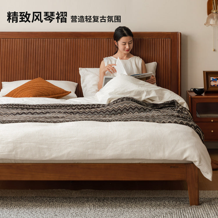 实木床卧室复古大板床高床头双人床经典中古风大床