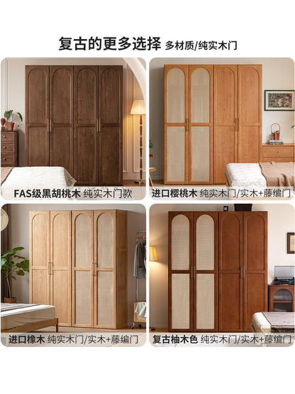 实木衣柜卧室黑胡桃木衣橱中古风藤编门储物收纳柜