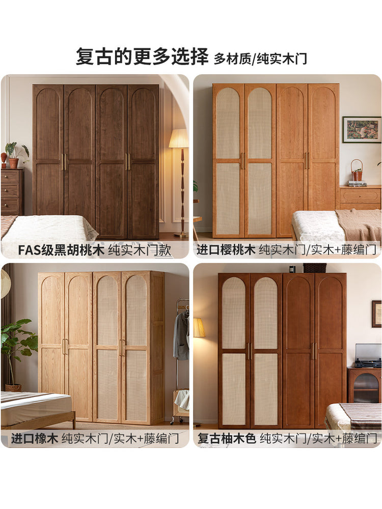 实木衣柜卧室黑胡桃木衣橱中古风藤编门储物收纳柜