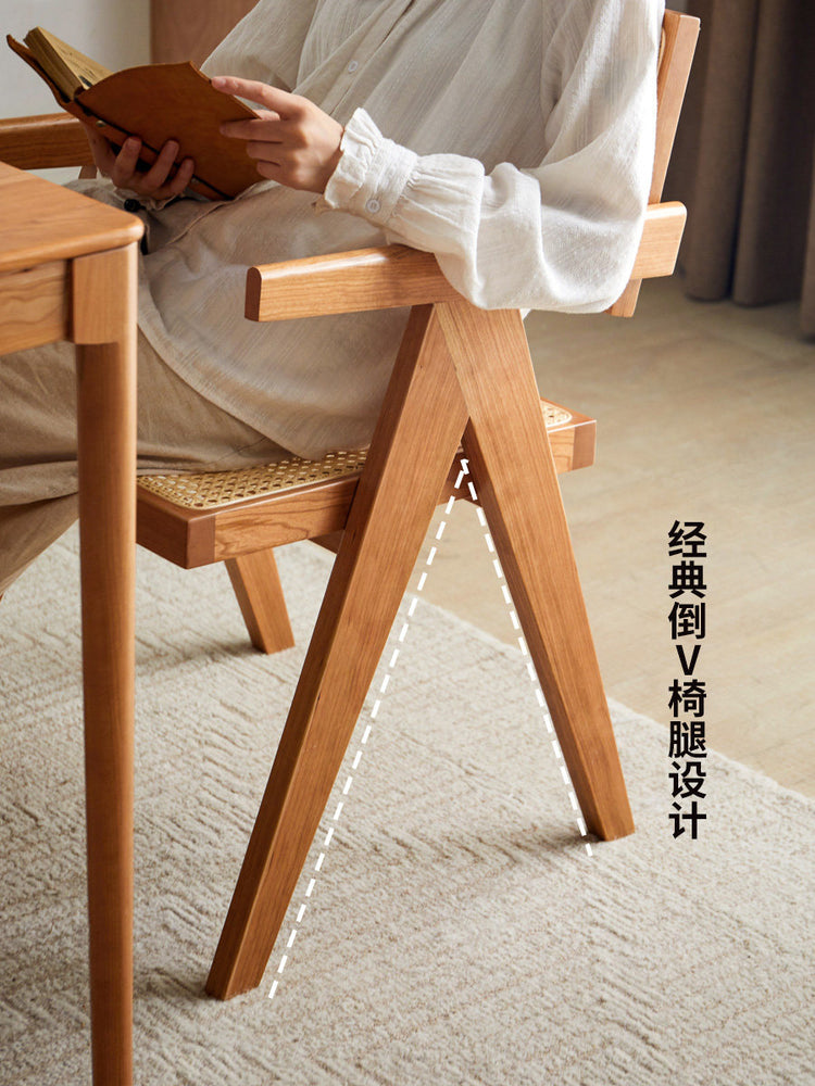 侘寂风实木餐椅书房靠背椅子阳台昌迪加尔藤编扶手椅