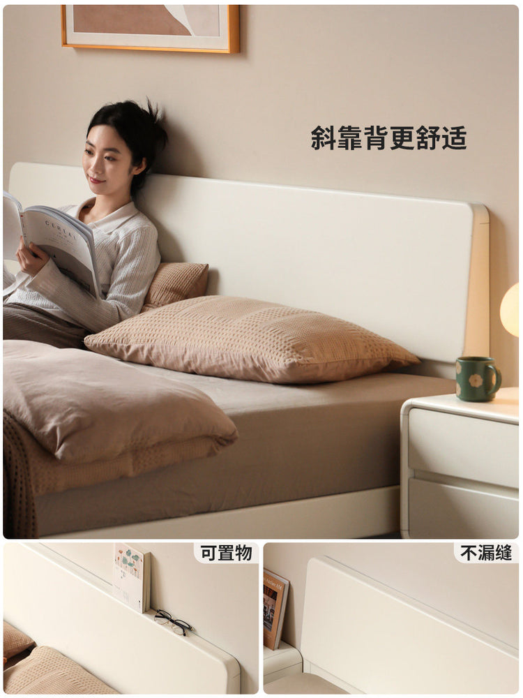 实木床现代简约奶油风床大板床白色双人床卧室家具置物床