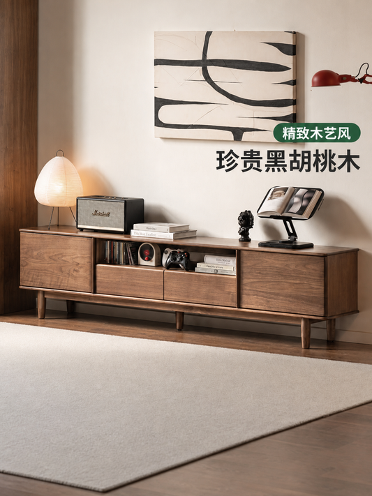 实木电视柜现代简约收纳储物地柜客厅黑胡桃木电视机柜