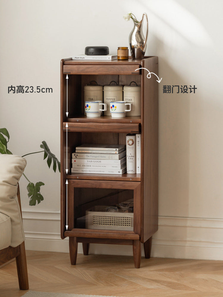 实木边柜现代简约客厅玻璃翻门展示柜黑胡桃木高脚置物柜