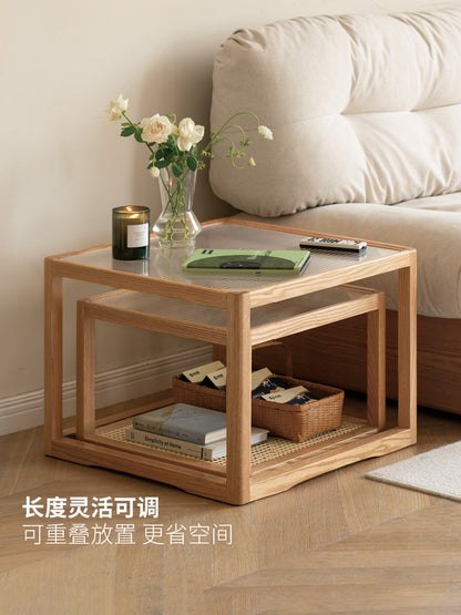 实木玻璃茶几设计师款原木方几小户型大小组合藤编小茶台