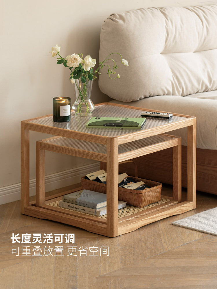 实木玻璃茶几设计师款原木方几小户型大小组合藤编小茶台