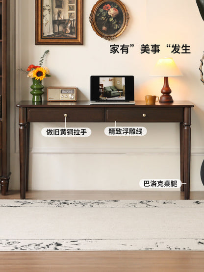 实木书桌美式复古书房办公桌中古风胡桃色带抽电脑桌
