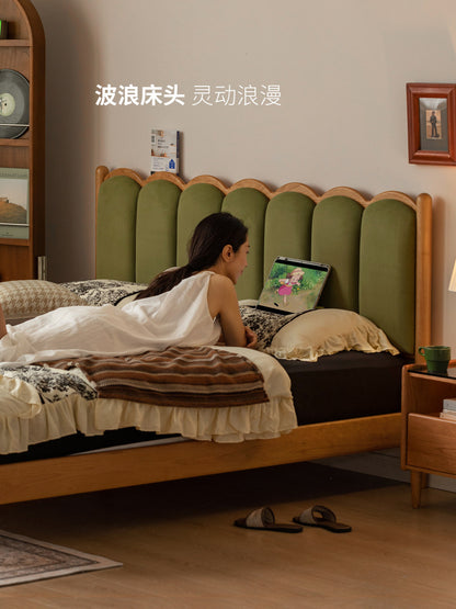 实木软包床复古风樱桃木床卧室软靠床简约双人琴键床