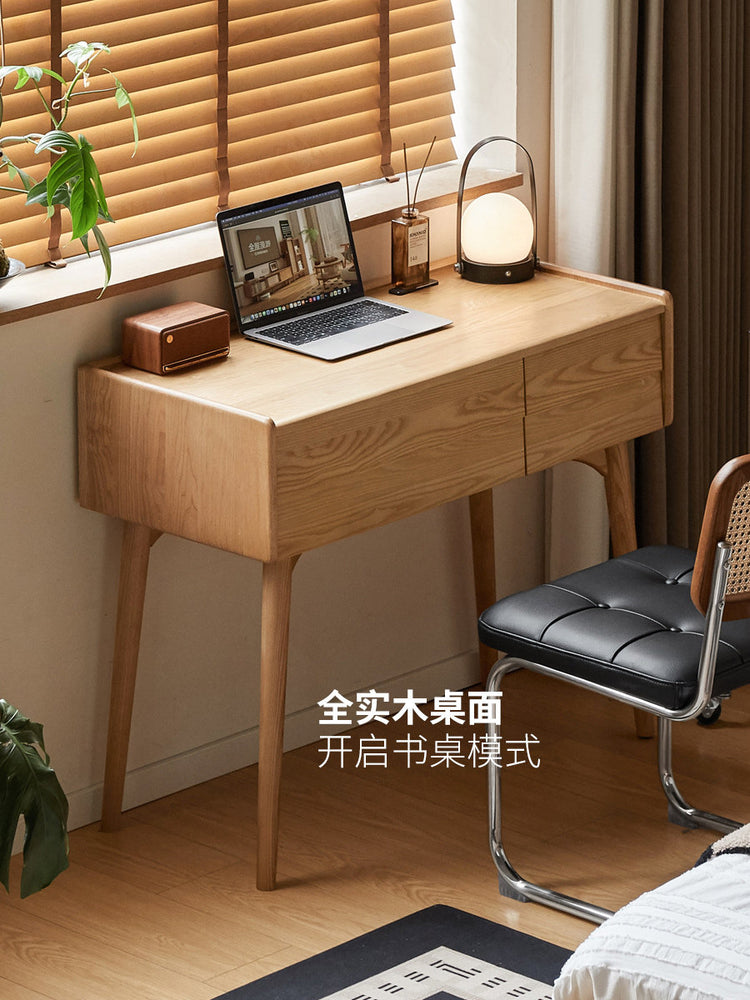 实木梳妆台现代简约卧室靠墙书桌白蜡木多功能化妆桌