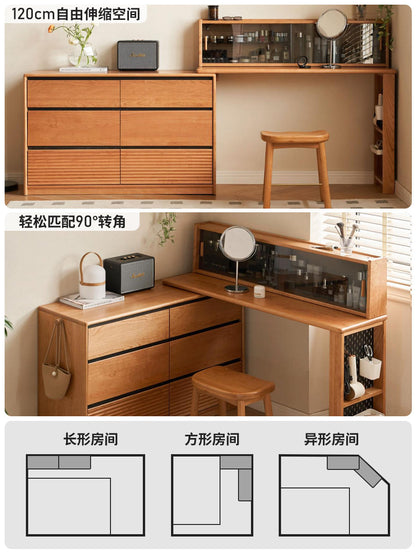实木化妆桌樱桃木复古转角化妆台简约斗柜梳妆台一体